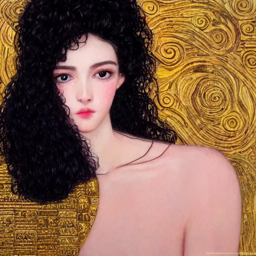 Prompt: a realistic cg rendering, a beautiful girl, long black curly hair, a slightly round face, deep and charming eyes, a touch of blush, a small and exquisite nose, delicate pale pink lips, a symmetrical face, symmetrical eyes, elegant and lovelyin the style of nikolai fechine and klimt