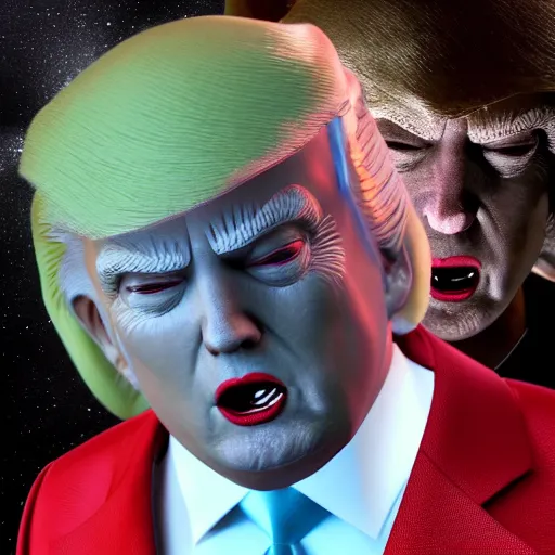 Prompt: donald trump as dipsy telletubbie full body detailed, ethereal, cyborg biomechanics, covered in blood diamonds and other gems glowing, highly detailed face, evil posed, evil expression, intricate, extremy detailed, beeple, cgsociety, 3 d unreal engine octane render. cinematic lighting, highly detailed 4 k art