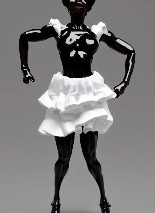 Image similar to Product Introduction Photos, 4K, Long view, Full body, 80mm resin detailed miniature of a Muscular Black Woman in white and ruffled miniskirt