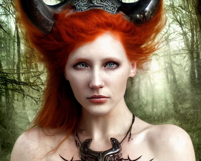 Image similar to 5 5 mm portrait photo of an armored gorgeous anesthetic redhead woman warrior with a face tattoo and lamb horns growing from her head, in a magical forest in the style of stefan kostic, art by luis royo. highly detailed 8 k. intricate. lifelike. soft light. nikon d 8 5 0. cinematic post - processing