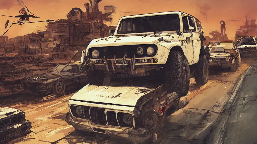 Image similar to digital illustration of mad max's fj 4 0 pursuit special, the last v 8 interceptor driving down a deserted cyberpunk highway in the middle of the day by studio ghibli, anime style year 2 0 9 3, by makoto shinkai, ilya kuvshinov, lois van baarle, rossdraws, basquiat