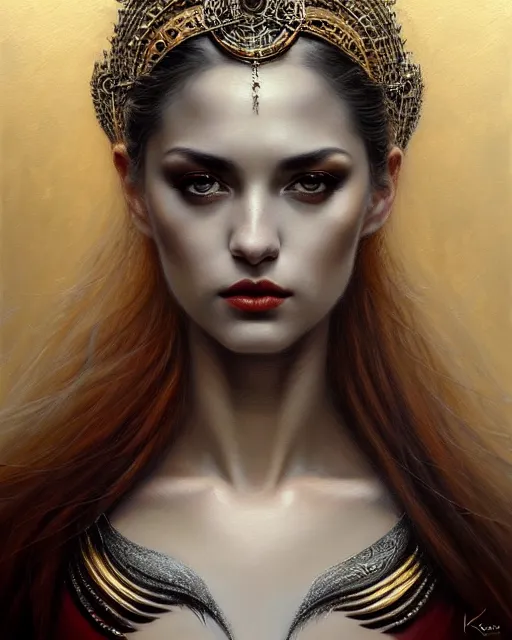 Prompt: portrait of a beautiful goddess, enigmatic beauty, dominant shades of grey, gold, silver, dark red, white, head in focus, fantasy art, ornamental aesthetics, intricate, elegant, highly detailed, hyperrealistic painting, artstation, concept art, painterly, sharp focus, illustration, art by karol bak