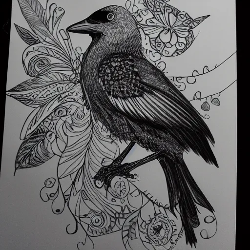 Image similar to magpie, detailed intricate sketch, 4k, illustration, cross hatched, black ink on white paper