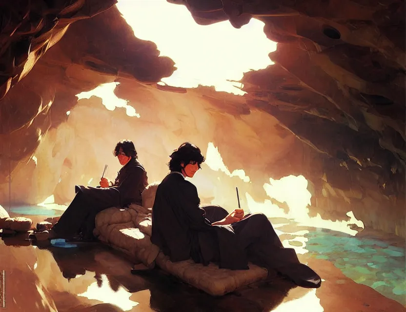 Image similar to ben solo and rei sitting together in a large dark cave, tired, painted by krenz cushart, mucha, ghibli, by joaquin sorolla rhads leyendecker, by ohara koson