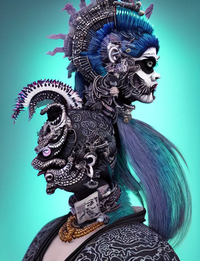 Image similar to 3 d goddess close - up profile portrait punk with mohawk with ram skull. beautiful intricately detailed japanese crow kitsune mask and clasical japanese kimono. betta fish, jellyfish phoenix, bio luminescent, plasma, ice, water, wind, creature, artwork by tooth wu and wlop and beeple and greg rutkowski