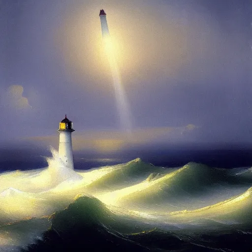 Image similar to painting of a singular lighthouse, shining its light across a tumultuous sea by Aivazovsky, Trending on artstation