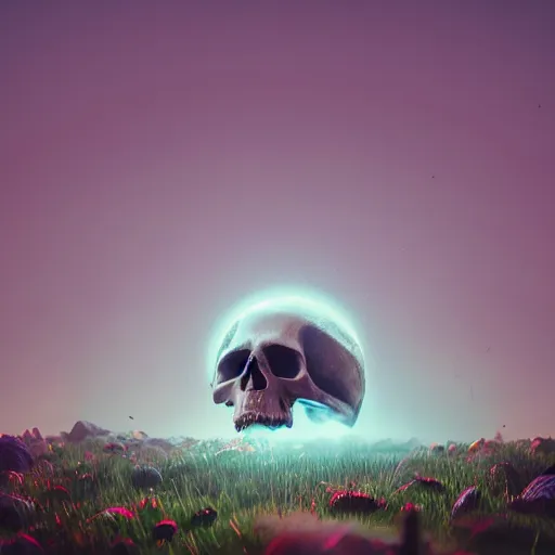 Image similar to beautiful dark landscape, justin sun skull head, beautiful flowers growing, in the style of beeple and mike winkelmann, intricate, epic lighting, cinematic composition, hyper realistic, 8 k resolution, unreal engine 5, raytracing, reflections, ultraviolet colors