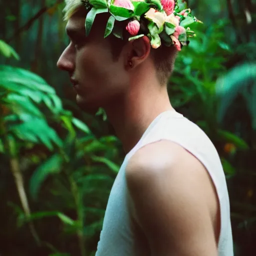 Image similar to close up kodak portra 4 0 0 photograph of a skinny guy with short blonde hair standing in a dark exotic jungle, back view, flower crown, moody lighting, telephoto, 9 0 s vibe, blurry background, vaporwave colors, faded!,