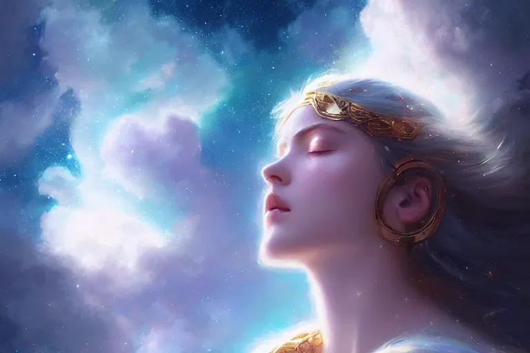 Image similar to a beautiful portrait of a female goddess surrounded by fluffy clouds with closed eyes, galaxy theme colors, galaxy theme colors, ultra realistic digital art by Greg Rutkowski and Raymond Swanland, Trending on Artstation, ultra realistic digital art, ultra realistic digital art
