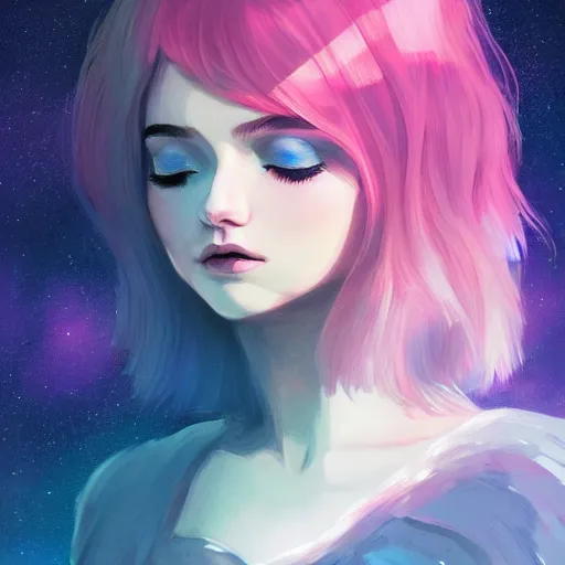 Image similar to a young woman with a starry cloak, aurora colored hair, curious expression, character art, full body art, trending on artstation, artgerm, 4k ultra hd, sharp focus, digital art by Ilya Kuvshinov and Ross Tran,