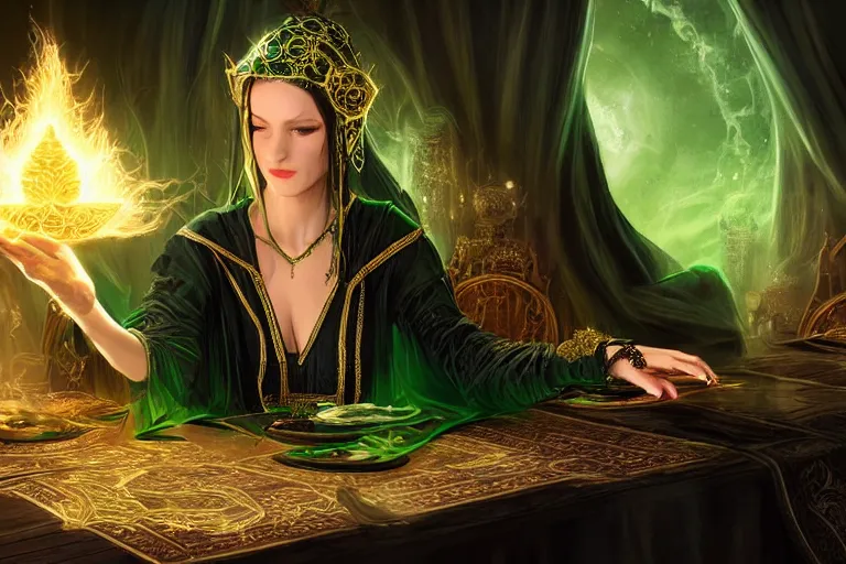 Prompt: a beautiful sorceress wearing a black robe with gold embroidery, sitting at table, casting a spell, green glows, painted by wlop, in the style of magic the gathering, highly detailed digital art