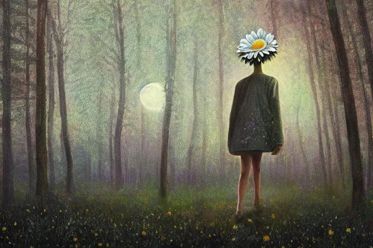 Prompt: giant daisy flowers head, girl walking in forest, surreal photography, dark night, stars, moon light, impressionist painting, clouds, digital painting, artstation, simon stalenhag