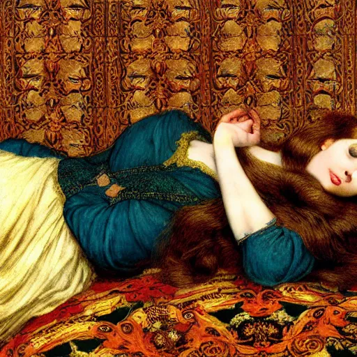 Image similar to preraphaelite photography reclining on bed, a hybrid of judy garland and a hybrid of lady gaga and nicole richie, aged 2 5, big brown fringe, wide shot, yellow ochre ornate medieval dress, john william waterhouse, kilian eng, rosetti, john everett millais, william holman hunt, william morris, 4 k