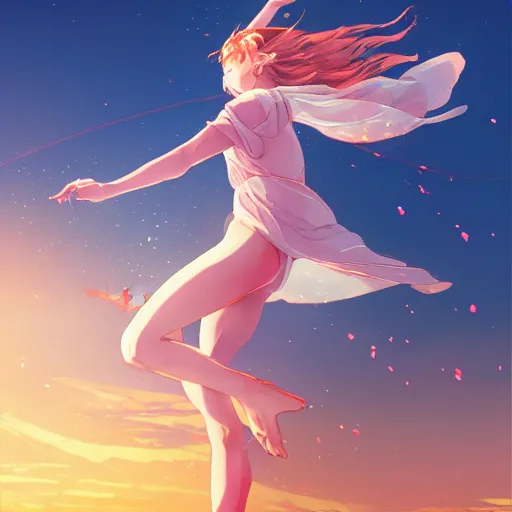 Image similar to A girl dancing on water, detailed facial features, evokes feelings of joy, beautiful flowing fabric, sunset, dramatic angle, realistic and detailed, by studio trigger, pixiv dslr photo by Makoto Shinkai rossdraws and Wojtek Fus