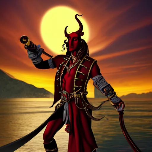 Image similar to a red skinned horned male tiefling, dungeons and dragons, wearing a pirate coat with shiny gold buckles and a rapier on his hip, standing at the prow of his ship looking out over the water, uhd, high detail, sunset lighting