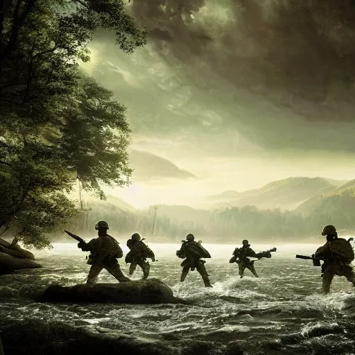 Prompt: a cinematic painting of a squad of soldiers emerging from the water, in a vast serene landscape, with trees and rivers, detailed, deep focus, movie still, dramatic lighting, by michal karcz and yoshitaka amano
