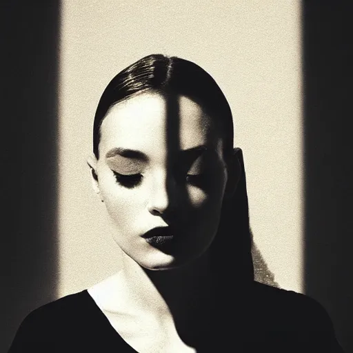 Prompt: “Portrait of a femme fatale. Shadow and light. Abstract. Surrealist. Black and white. Side lighting. Golden ratio. Photography by Irving Penn”