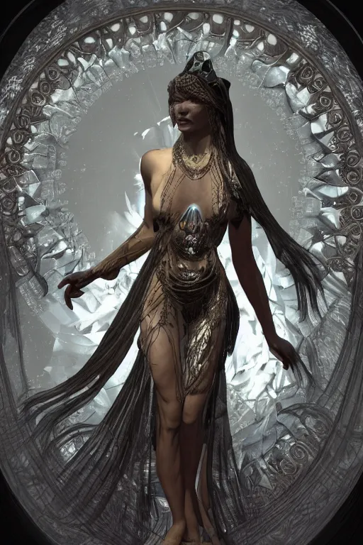 Image similar to a realistic dark photo of a beautiful ancient alien woman goddess kate moss standing in jewelery and fractals in style of alphonse mucha art nuvo trending on artstation made in unreal engine 4