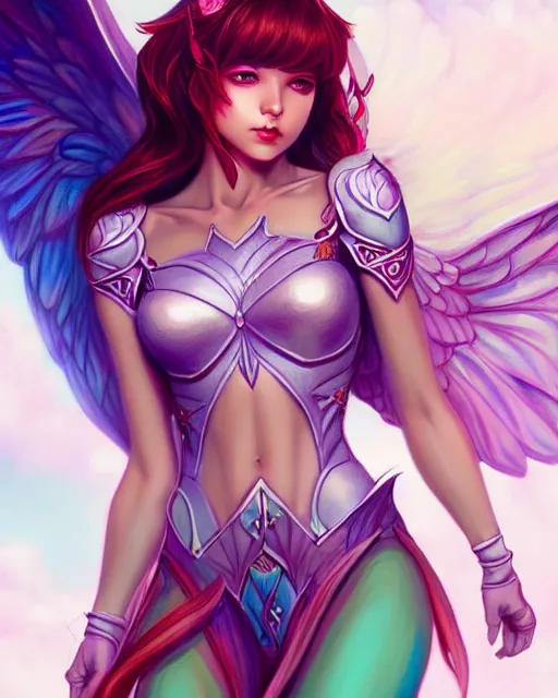 Prompt: 3 / 4 view of girlwith wings, confident pose, pixie character, video game genshin impact, intricate, elegant, sharp focus, illustration, bright colors, concept art, matte, magali villeneuve, artgerm, anime, trending on artstation