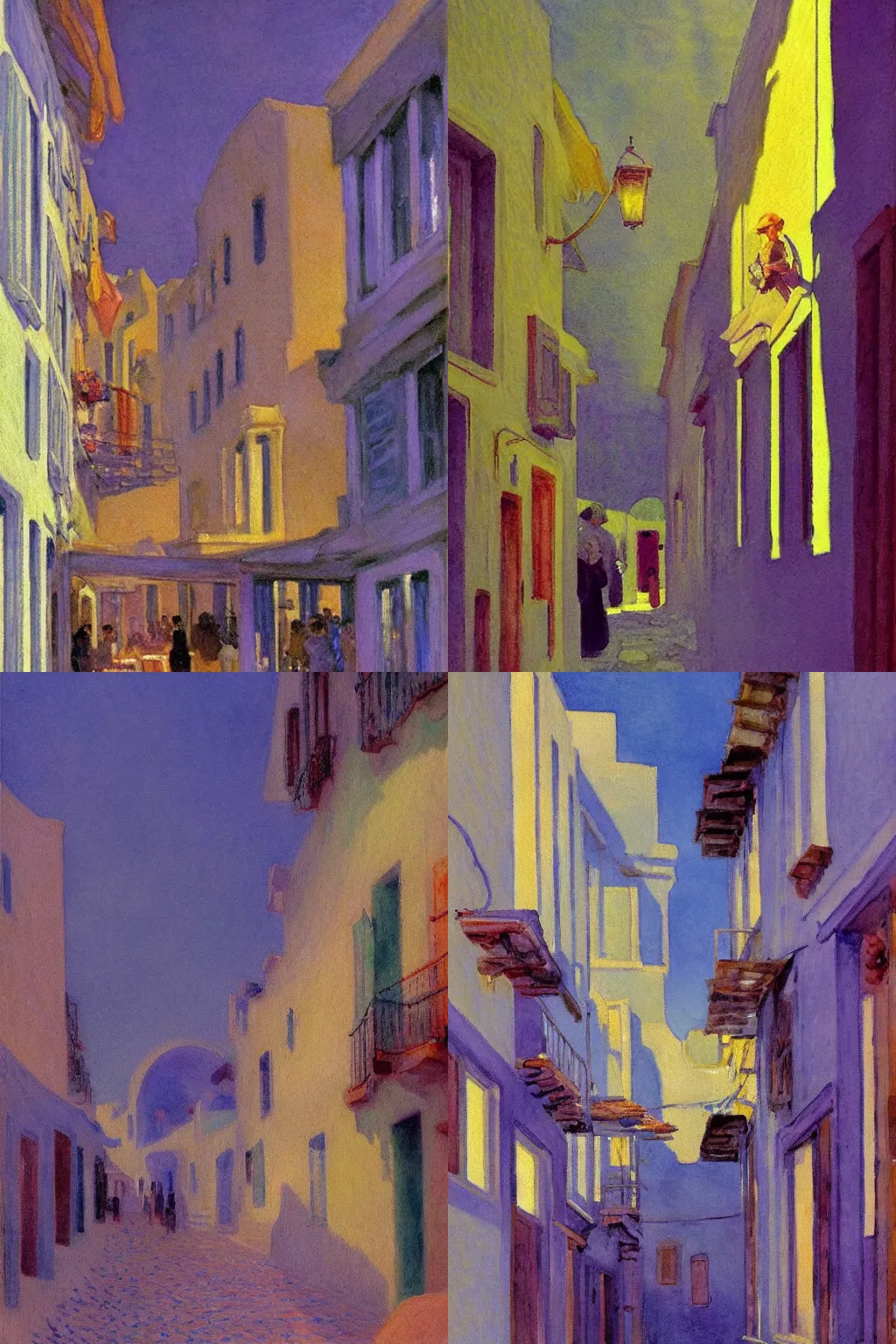 Prompt: impressionist watercolor painting by Claude Monet, crowded Santorini Greece alleyway filled with shops lighting up the purple night by Edward Hopper, by Dean Ellis, by Jean Giraud, 1942, fisheye lens