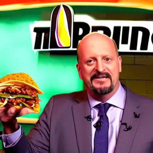 Prompt: Jim Cramer freaking out over Taco Bell's new menu item