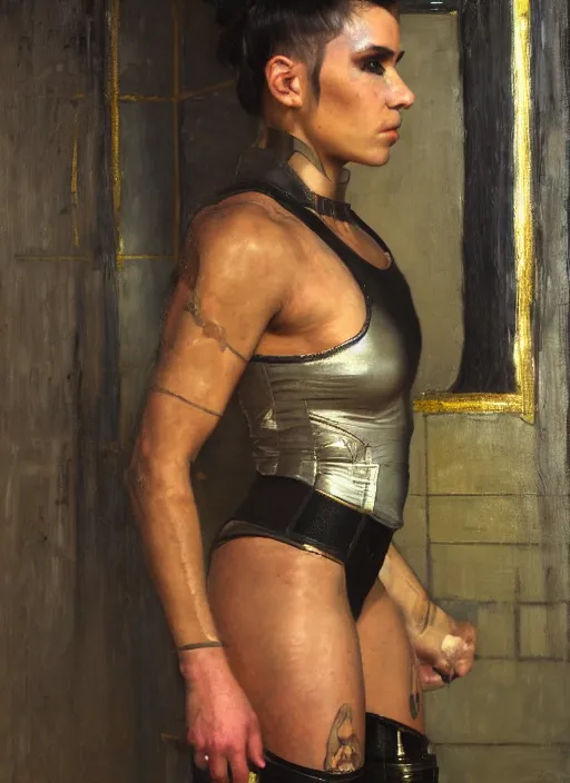 Image similar to big mike. cyberpunk gymnast wearing a military vest and combat gear. (Cyberpunk 2077, bladerunner 2049). Round face. Iranian orientalist portrait by john william waterhouse and Edwin Longsden Long and Theodore Ralli and Nasreddine Dinet, oil on canvas. Cinematic, hyper realism, realistic proportions, dramatic lighting, high detail 4k