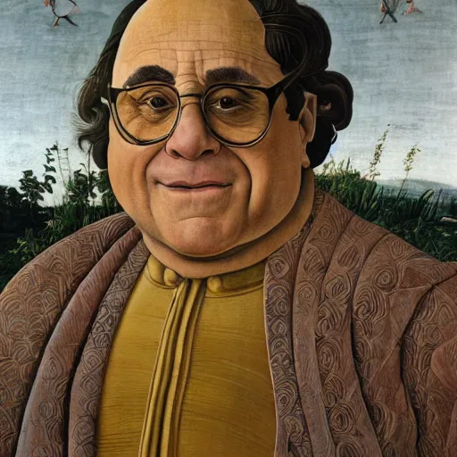 Image similar to Danny Devito standing on a giant clamshell, painting by Sandro Botticelli, detailed, 4k