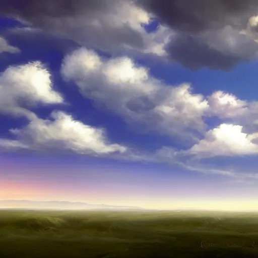 Image similar to peaceful puffy clouds, matte painting, concept art, 4k