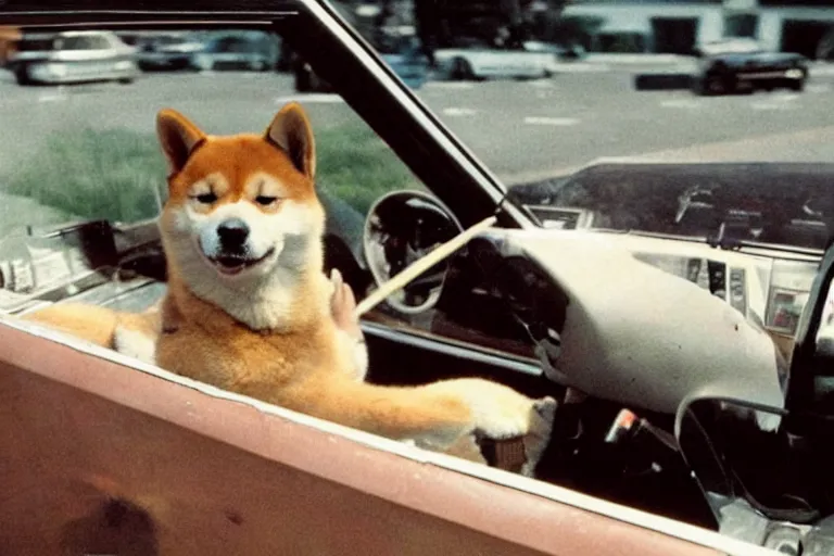 Prompt: picture of a shiba inu driving a car, 1 9 7 0 s