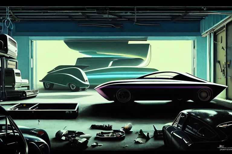 Image similar to a cinematic matte painting of a sleek 1 9 6 0 s vaporwave retro - futurism sci - fi car in a cluttered garage in mumbai. by eric lafforgue, glennray tutor and edward hopper, greg rutkowski. trending on artstation.