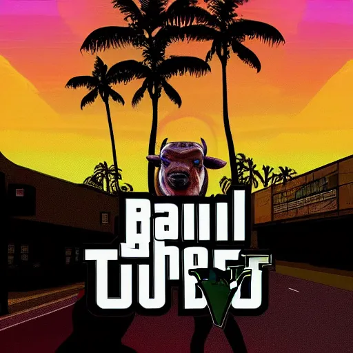 Image similar to bull headed human in the style of gta v artwork, digital art, tropical sunset