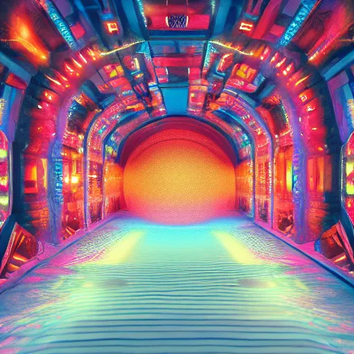 Image similar to underground cinema, realistic architecture, colorfull lights, octane render, 4k, 8k, fractals, psychedelic