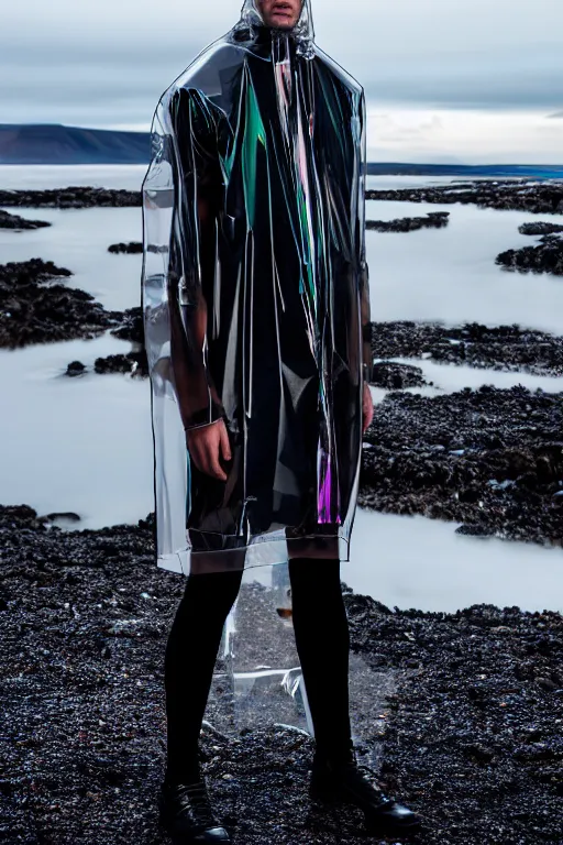 Image similar to an ultra high definition professional high fashion portrait studio full length photograph of a male model wearing a transparent pearlescent raincoat and neon visor in an icelandic black rock environment at dawn. no artefacts. extremely detailed. stark. refraction. shallow depth of field. volumetric light and shadow. ray tracing. light rays.