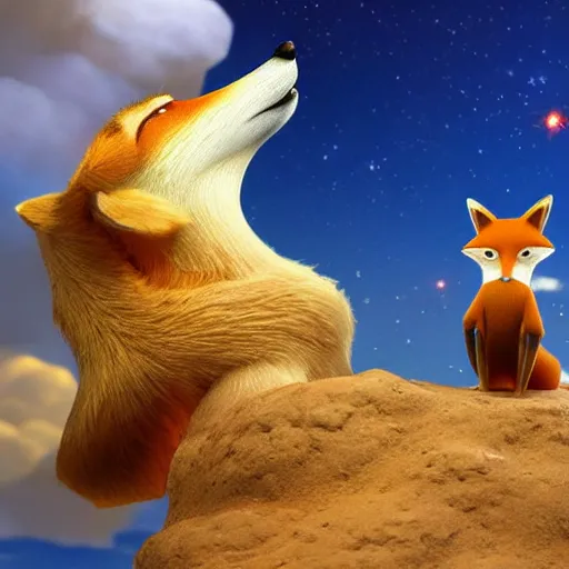 Prompt: hyper realistic 3d sculpture of the little prince and the fox looking at the sky while the world ends, 8k, maximum detail, cinematic