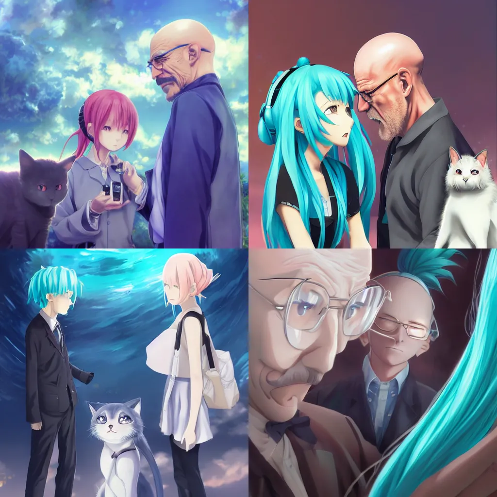 Prompt: A beautiful anime digital painting of a photorealistic bald walter white meeting a cat girl Hatsune Miku, high quality, photorealistic, 4k hd, sharp, by Stanley Artgerm Lau, WLOP, Rossdraws, James Jean, Andrei Riabovitchev, Marc Simonetti, and Sakimichan, gorgeous lighting, well lit, backlit, dramatic cinematic lighting