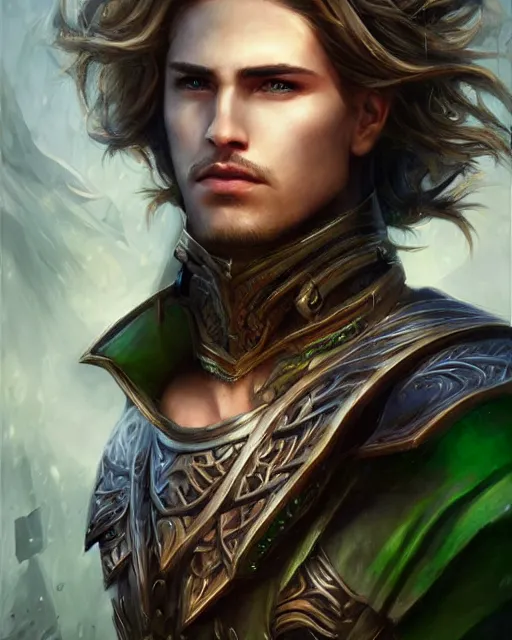 Prompt: a beautiful male warrior, perfect face with green eyes, 8 k, hyperrealistic, hyperdetailed, amazing ratio, fantasy portrait by laura sava