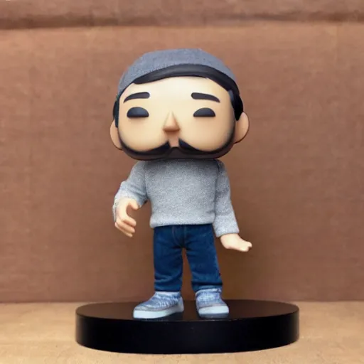 Prompt: old man with no beard in gray sweater and denim pants funko pop