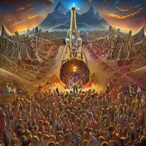 Image similar to desert festival called the sacrifice that occurs every ten years, during this event all members of society must make sacrifices on a large altar, fantasy art illustration, highly detailed and intricate