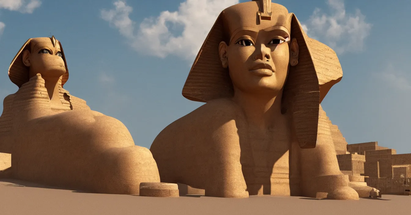 Prompt: egyptian sphinx character eating hamburger, photorealism, lots of detail, super sharp images, visual plasticity, shading in vray, raytracing