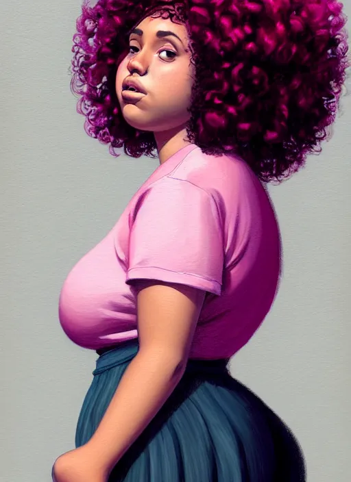 Image similar to full body portrait, teenage vanessa morgan, pink hair, obese, black girl, curly pixie hair, sultry, realistic, short hair, hoop earrings, skirt, shirt, fat, belly, intricate, elegant, highly detailed, digital painting, artstation, concept art, smooth, sharp focus, illustration, art by wlop, mars ravelo and greg rutkowski