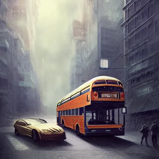 Image similar to realistic render portrait of an bus flying through space, money is flying out of the bus' windows, intricate, dystopian, sci-fi, extremely detailed, digital painting, sculpted in zbrush, artstation, concept art, smooth, sharp focus, illustration, chiaroscuro lighting, golden ratio, incredible art by artgerm and greg rutkowski and alphonse mucha and simon stalenhag