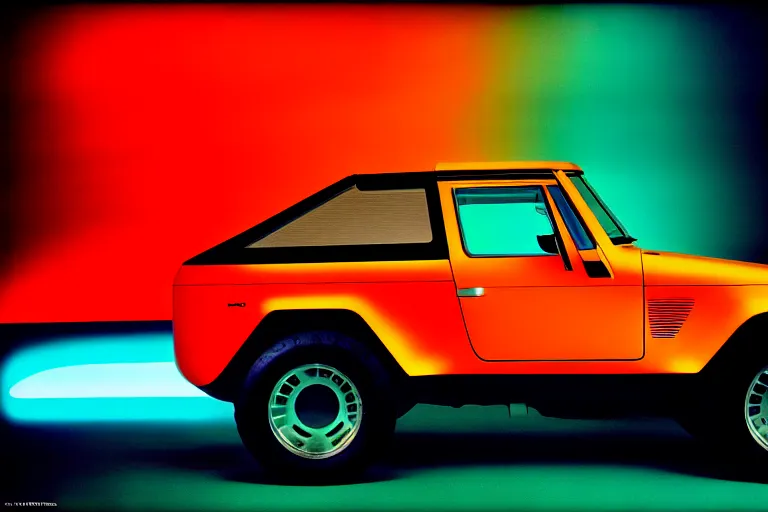 Prompt: designed by giorgetto giugiaro stylized poster of a single fj 4 0 concept, thick neon lights, ektachrome photograph, volumetric lighting, f 8 aperture, cinematic eastman 5 3 8 4 film