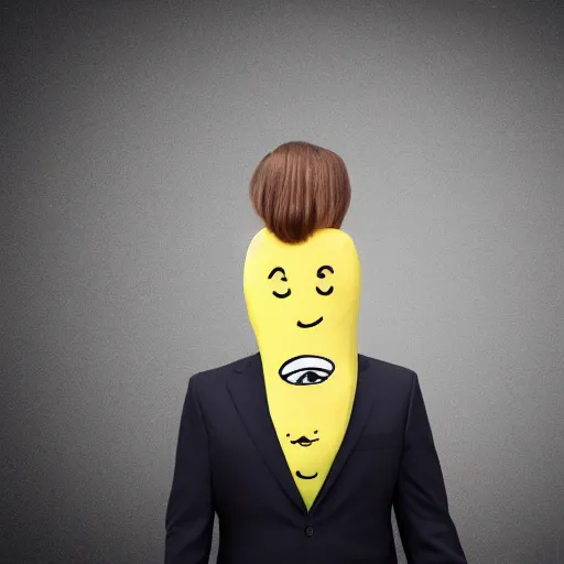 Image similar to a person with a banana head wearing a business suit