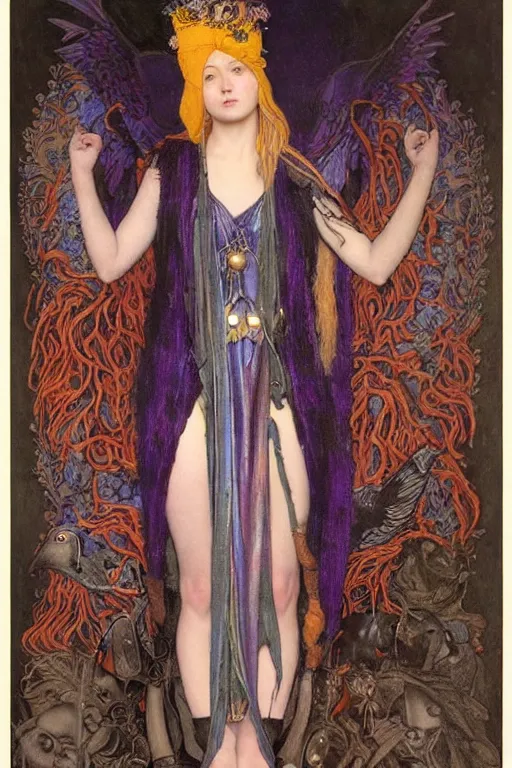 Prompt: a raven dressed as a goth shaman, by Annie Swynnerton and Nicholas Roerich and John Bauer and jean delville and John William Godward and Donato Giancola and Vermeer, black leather and embroidered velvet, iridescent beetles, rich color, dramatic cinematic lighting, featured on Artstation, extremely detailed