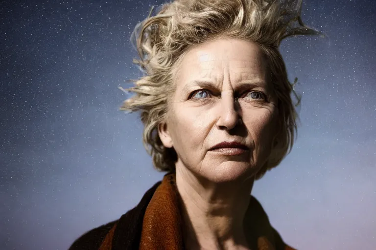 Image similar to a highly detailed cinematic headshot portrait of a frozen middle aged woman stood in a field, field on fire, ultra realistic, depth, beautiful lighting, by annie leibovitz, photorealistic, hyperrealistic, octane, masterpiece