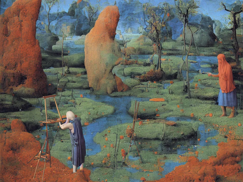 Prompt: Portrait of a painter painting on his easel knee deep in a river. Humanoid rocks, coral-like pebbles, orchard in bloom. Painting by Jan van Eyck, Roger Dean, Beksinski, Piero della Francesca