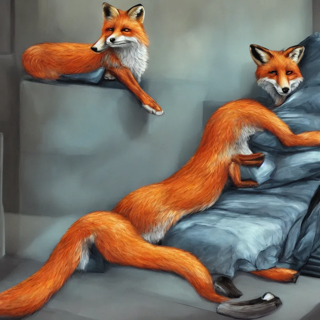 Image similar to anthropomorphic fox lounging in a futuristic hotel, anthro, furry, painting