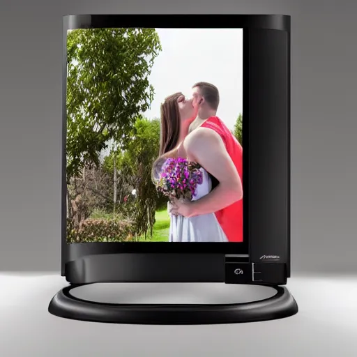 Image similar to a guillotine with a kiss cam screen above it, realistic photography, high detailed