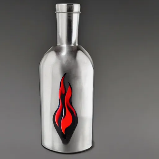 Prompt: a chrome vodka bottle with minimalistic retro flame fire designs in a plique - a - jour enameling technique, 5 0. 0 mm