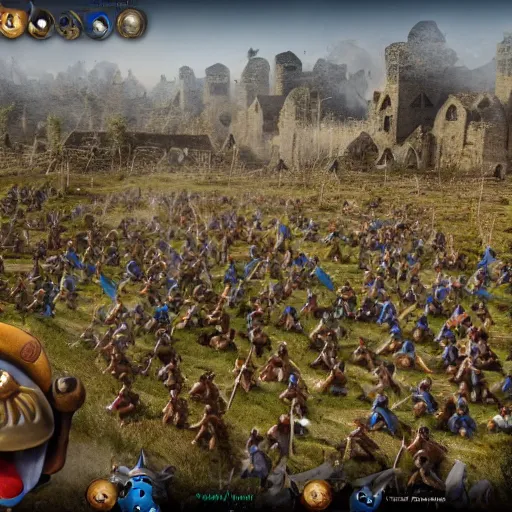 Image similar to thousands of smurfs with medieval weapons battling on an epic battlefield with medieval, moon shining golden light, miniaturecore, supremely digital, medieval, unreal engine, super detailed, outstanding detail, dreamlike lighting, god rays